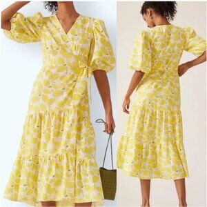 Hutch Lemon Leaf-Print Wrap Midi Dress in Yellow